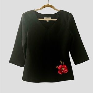 Set: Black 3/4 Sleeve Blouse with Floral Embellishment and Matching Skirt